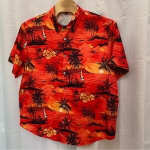 Men’s Hawaiian Tropical Print Camp Shirt Orange Palm Tree Sunset 4XL
